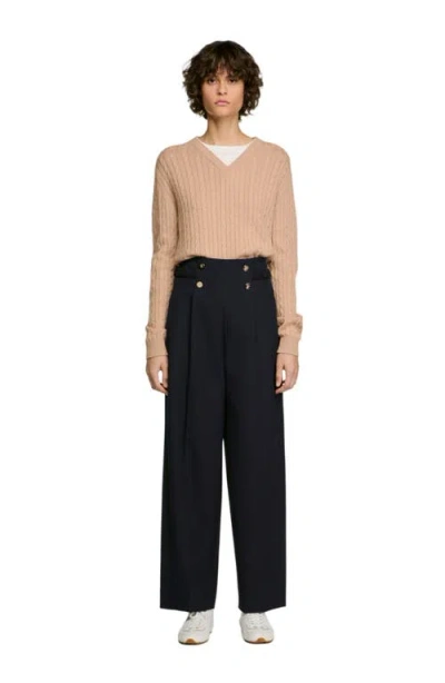 Sandro Winslow Button Detail Wide Leg Pants In Blue