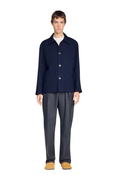 Sandro Fw26 Henry Buttoned Wool Worker Jacket In Blue