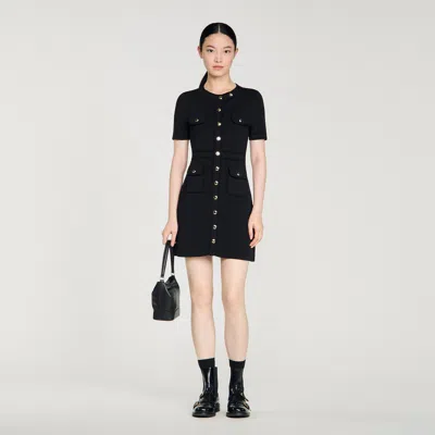 Sandro Womens Black Short-sleeved Button-up Knitted Mini Dress