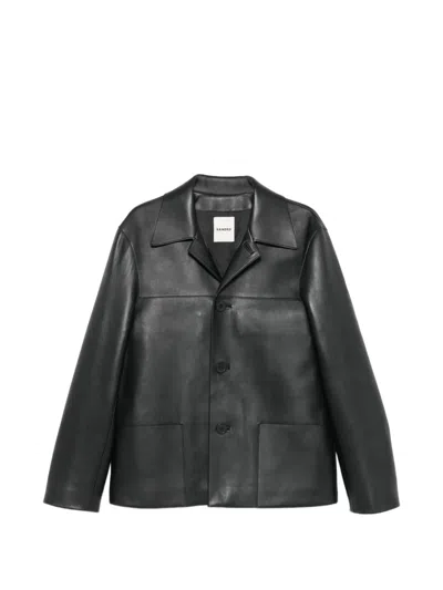 Sandro Button-up Leather Jacket In Black