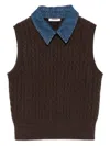 Sandro Womens Brown Denim-collar Ribbed Sleeveless Wool-blend Jumper In Burgundy
