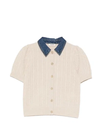 Sandro Cable-knit Denim-collar Cardigan In Neutral