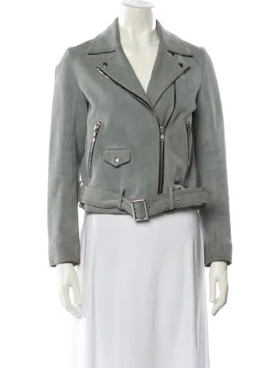 Pre-owned Sandro Calf Leather Biker Jacket In Gray