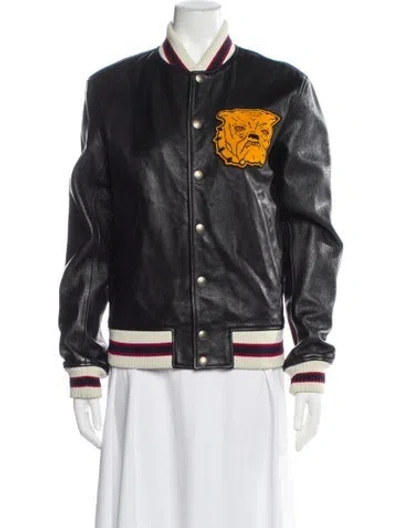 Pre-owned Sandro Calfskin Graphic Print Bomber Jacket In Black