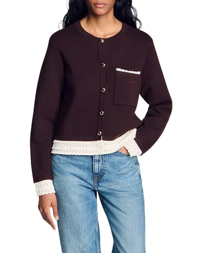 Sandro Candide Lace Trim Cardigan In Brown