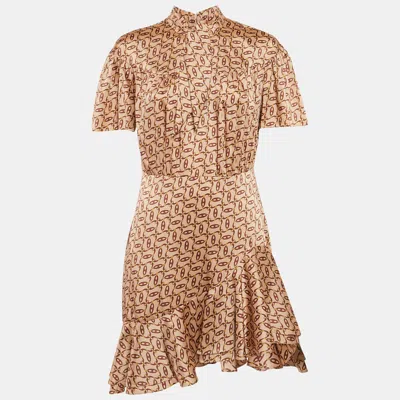 Pre-owned Sandro Caramel Brown Printed Satin Flounce Mini Dress L