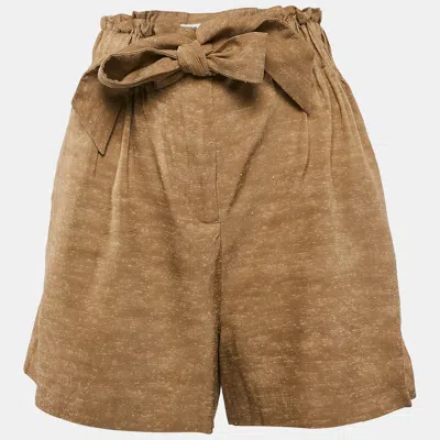 Pre-owned Sandro Caramel Brown Slubbed Silk Blend Tie-up Waist Detail Shorts M