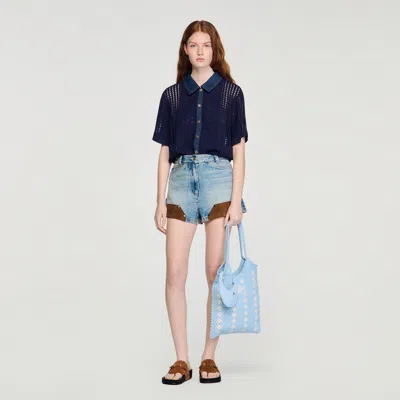 Sandro Cardigan En Maille Crochet Et Denim In Black