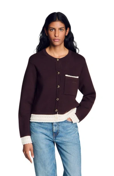 Sandro Embroidered-trim Patch-pocket Cardigan In Brown