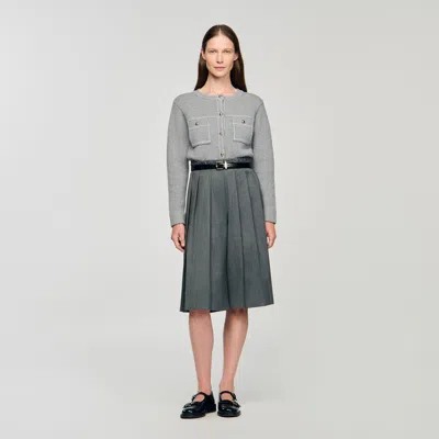 Sandro Womens Grey Contrast-stitch Wool-blend Cardigan In Gray