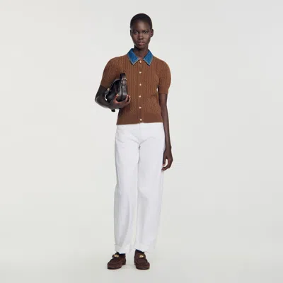 Sandro Cardigan With Denim Collar In Brown