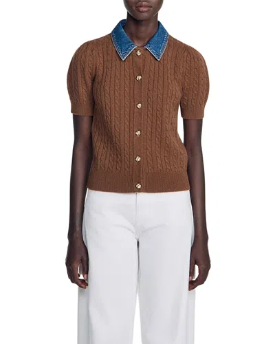 Sandro Cardigan With Denim Collar In Brown