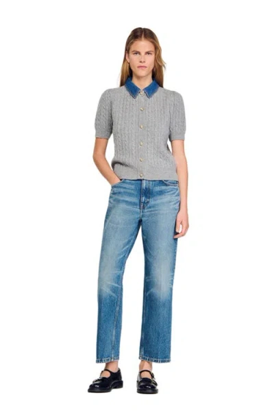 Sandro Cardigan With Denim Collar In Blue