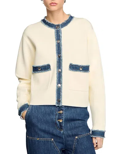 Sandro Cardigan With Denim Detail In Ecru