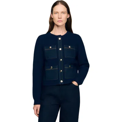 SANDRO SANDRO DENIM DETAIL RIB KNIT CARDIGAN
