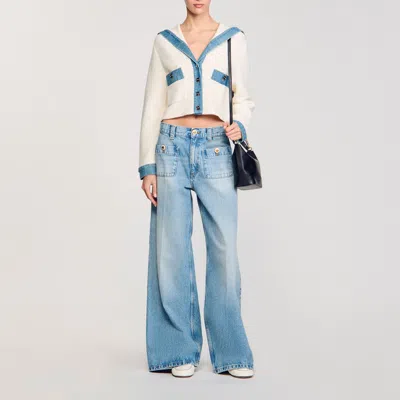 Sandro Cardigan With Denim Details In Ecru