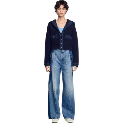 Sandro Cardigan With Denim Details In Navy Blue