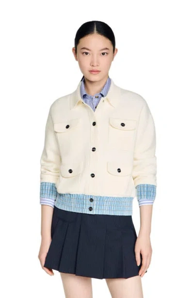 Sandro Cardigan With Denim Details In Neutral