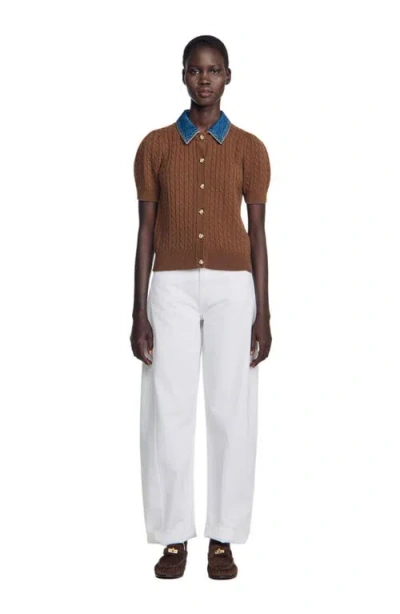 Sandro Cardigan With Detachable Denim Collar In Brown