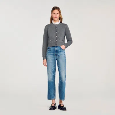 Sandro Cardigan With Detachable Ruffle Collar In Gray