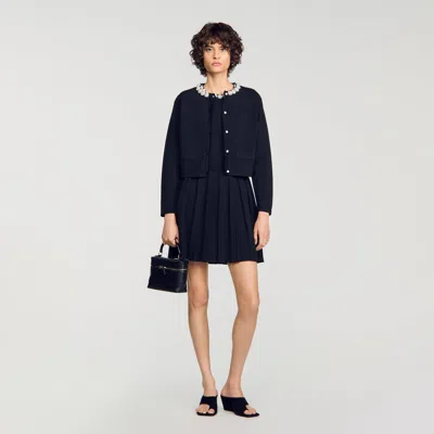 Sandro Cardigan With Pearl Flower Collar In Blue