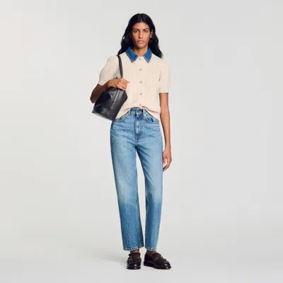 Sandro Cardigan With Removable Denim Collar In Neutral