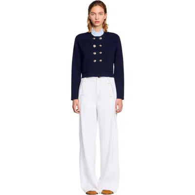 Sandro Cardigan With Removable Ruffled Collar In Navy Blue