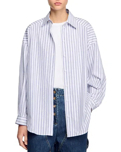 Sandro Charlie Striped Rhinestone Trim Shirt In White