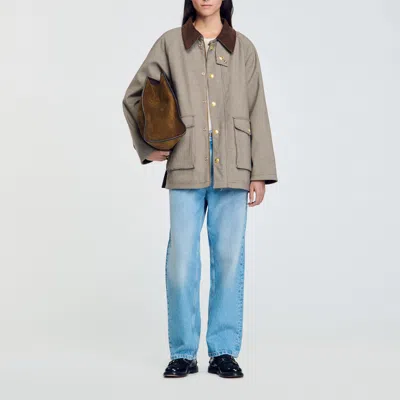 Sandro Check Coat With Velvet Collar In Neutral
