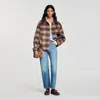 Sandro Check Jacket With Leather Collar In Brown