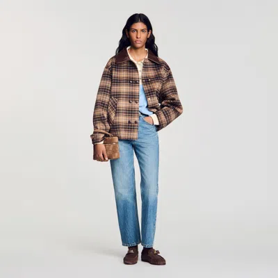 Sandro Check Jacket With Leather Collar In Brown