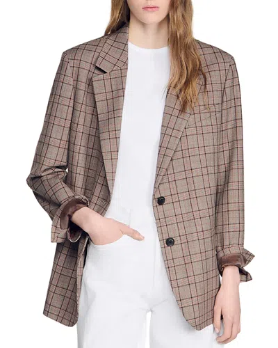 Sandro Check Suit Jacket In Brown