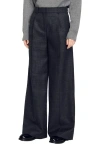 Sandro Felix Wide Leg Checked Wool Suit Trousers In Dark Grey