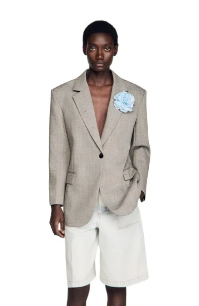 Sandro Checked Wool Jacket With Brooch In Gray