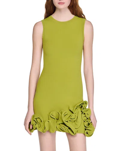 Sandro Chloe Floral Trim Knit Short Dress In Green