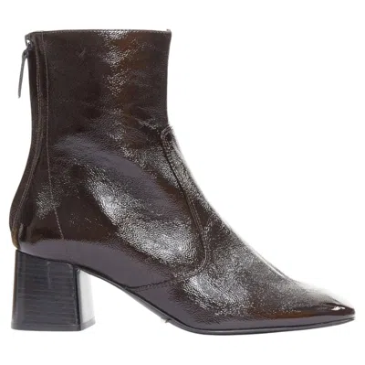 Pre-owned Sandro Chocolate Cracked Cow Leather Square Toe Block Heel Ankle Boots Eu38 In Brown