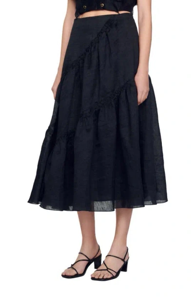 Sandro Christina Tiered Linen Blend Maxi Skirt In Black