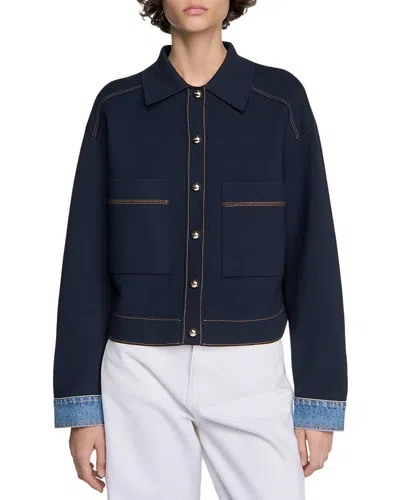 Sandro Christopher Jacket Style Denim Cuff Cardigan In Navy Blue