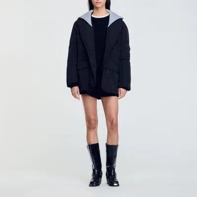 Sandro Coat With Contrasting Hood In Black