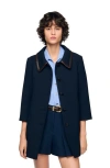 Sandro Coat With Leather Stripes In Blue