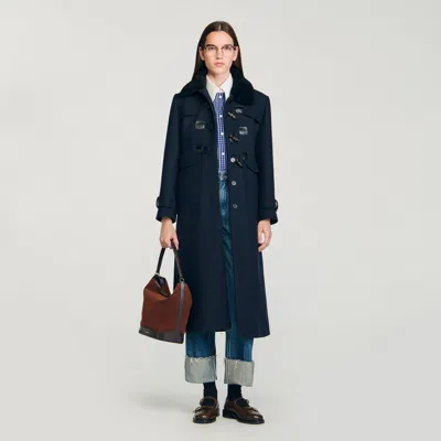 Sandro Coat With Removable Shearling Collar In Blue