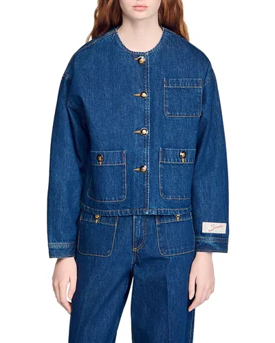Sandro Collarless Denim Jacket In Blue