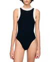 Sandro Womens Black Monogram-embroidered Contrast-trim Woven Bodysuit In Black