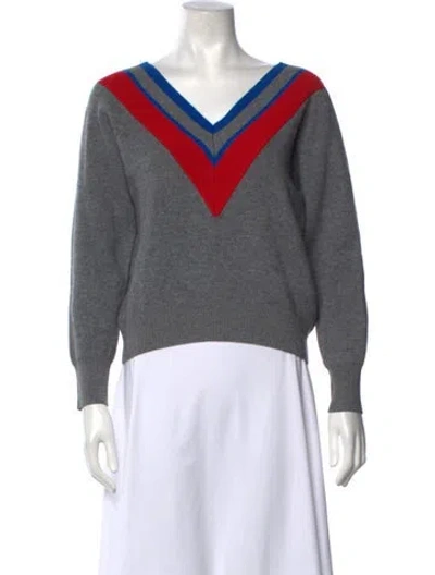 Pre-owned Sandro Colorblock Pattern V-neck Sweater In Grey
