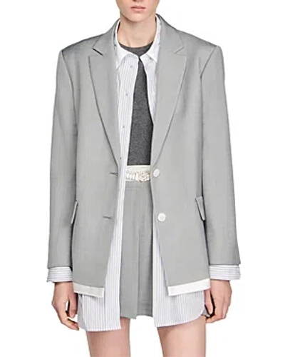 Sandro Contrast Hem Button Front Blazer In Light Grey