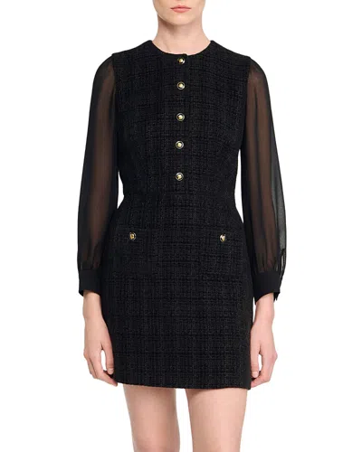 Sandro Contrast Long Sleeve Dress In Black