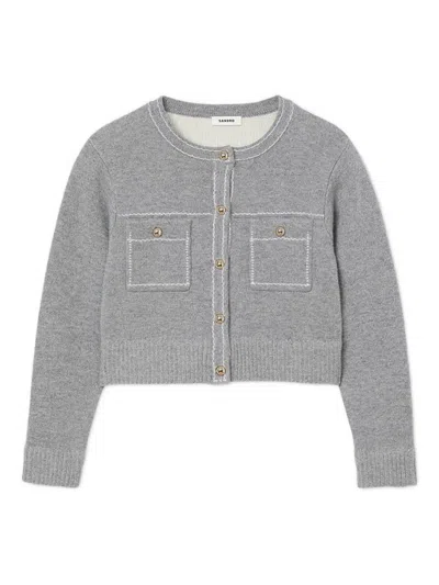 Sandro Womens Grey Contrast-stitch Wool-blend Cardigan In Gray