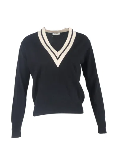 Pre-owned Sandro Contrasting V-neck Sweater In Black