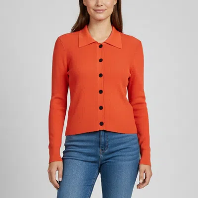 Pre-owned Sandro Coral Orange Rib Knit Button Up Cropped Cardigan L