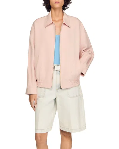 Sandro Womens Pink Collared Relaxed-fit Cotton And Linen-blend Jacket